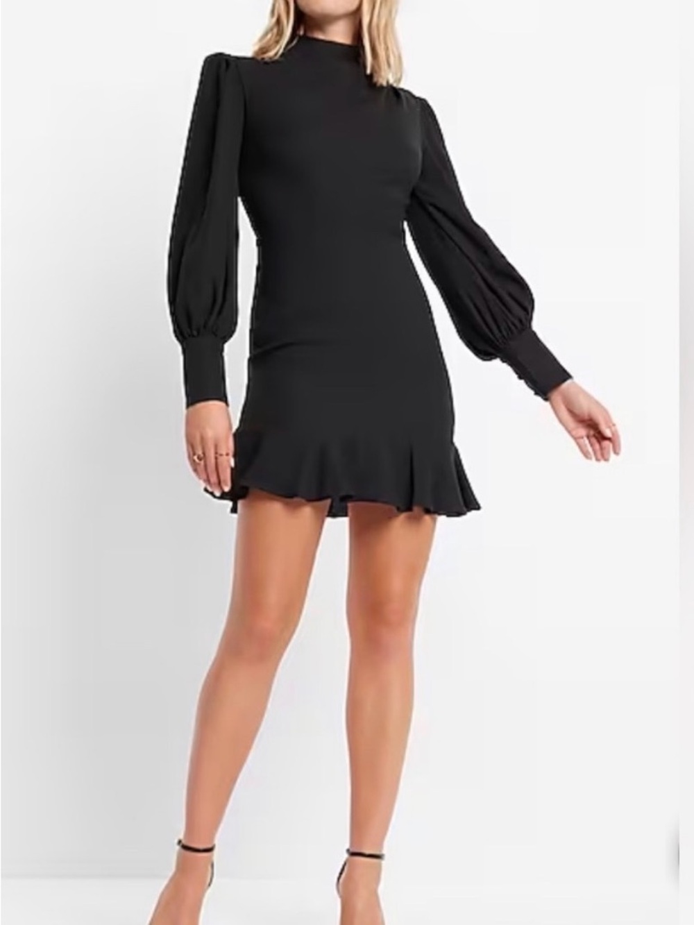 Express Black Puff-Sleeve Ruffle-Hem Mini Dress